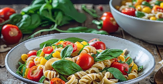 A colorful bowl of vegan pasta salad featuring spiraled pasta, bell peppers, cherry tomatoes, and spinach, with a drizzle of dressing.