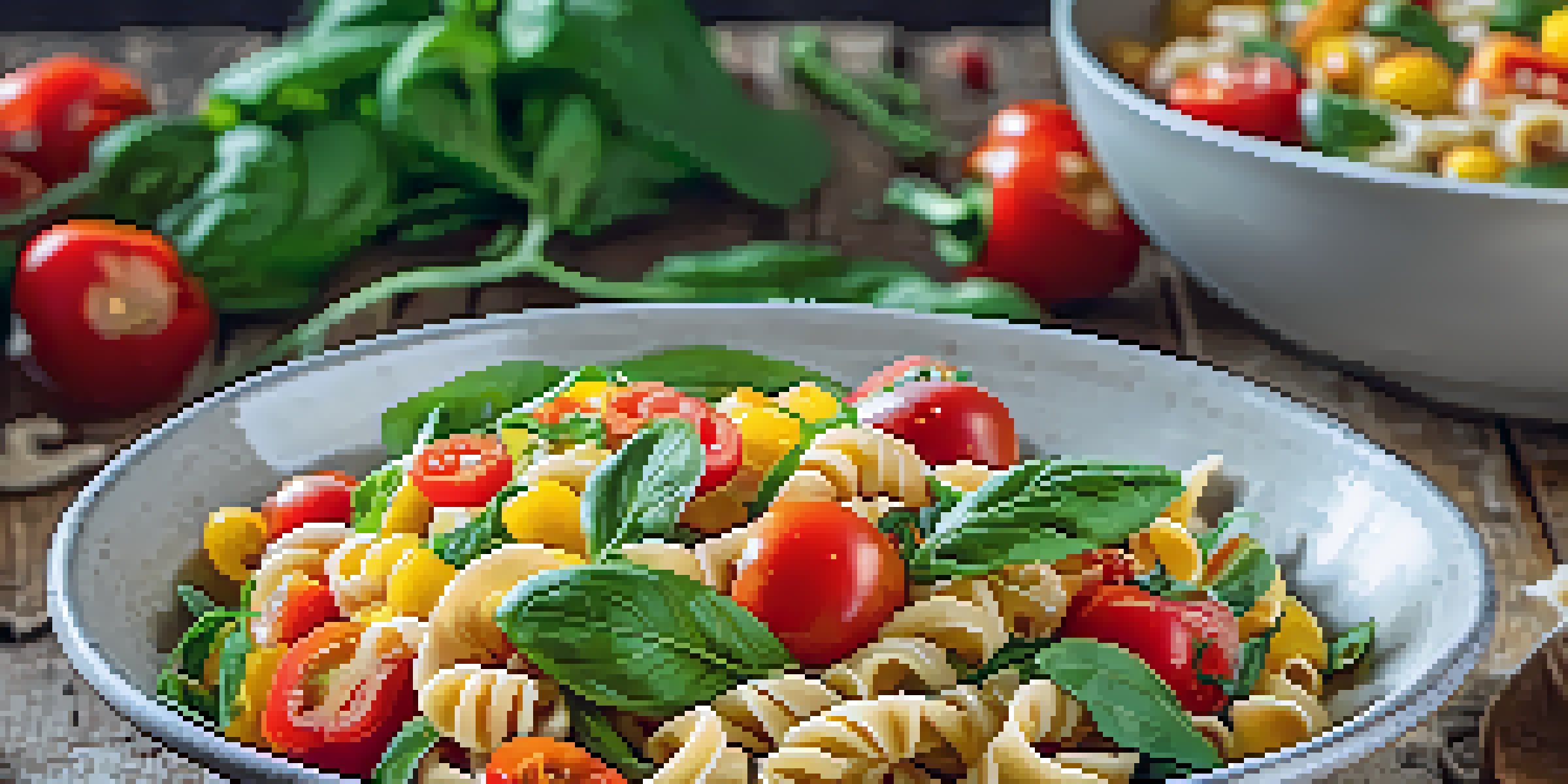 A colorful bowl of vegan pasta salad featuring spiraled pasta, bell peppers, cherry tomatoes, and spinach, with a drizzle of dressing.