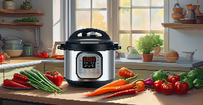 A modern Instant Pot on a kitchen countertop surrounded by fresh vegetables and spices, well-lit with natural light.