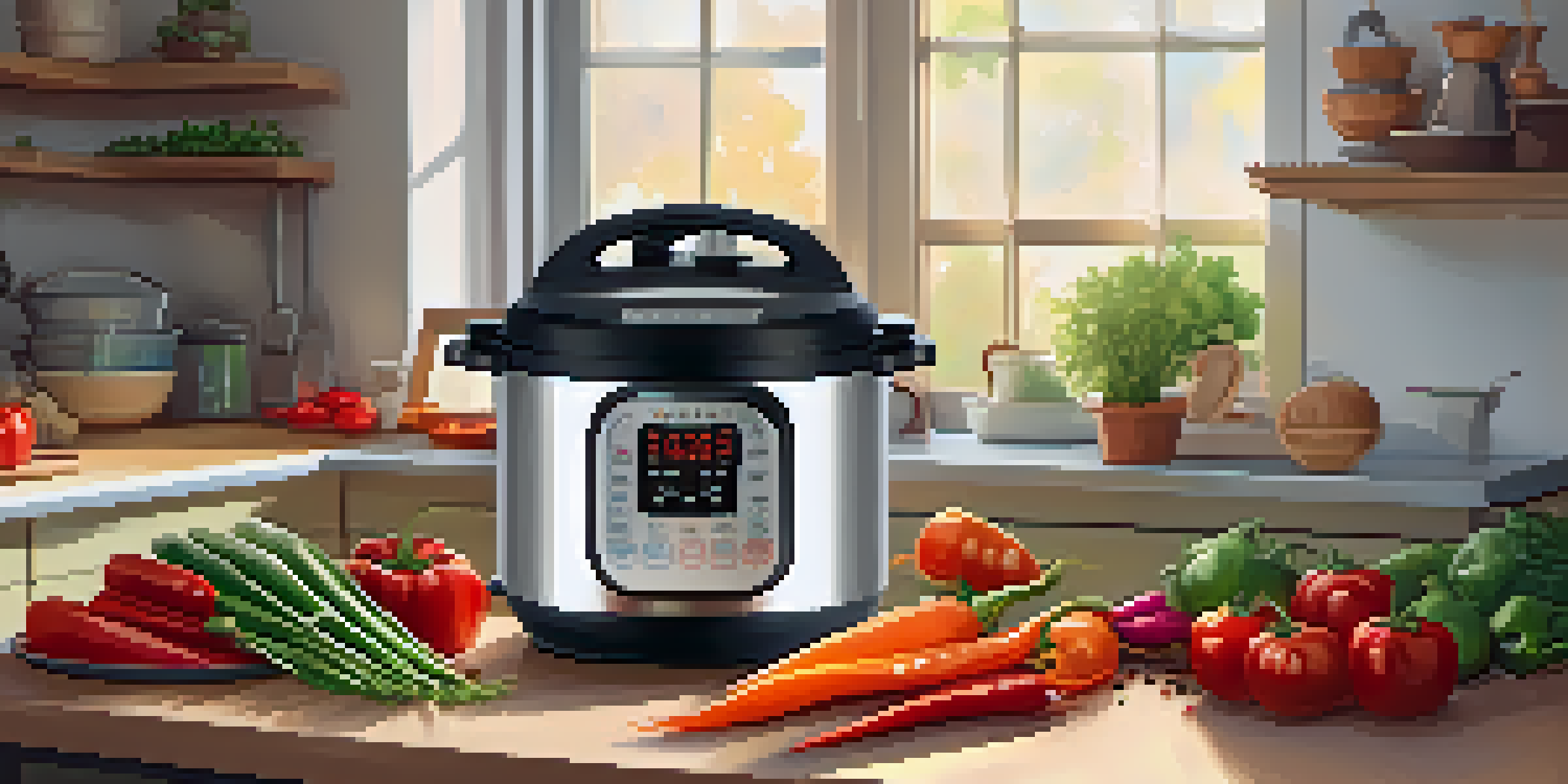 A modern Instant Pot on a kitchen countertop surrounded by fresh vegetables and spices, well-lit with natural light.