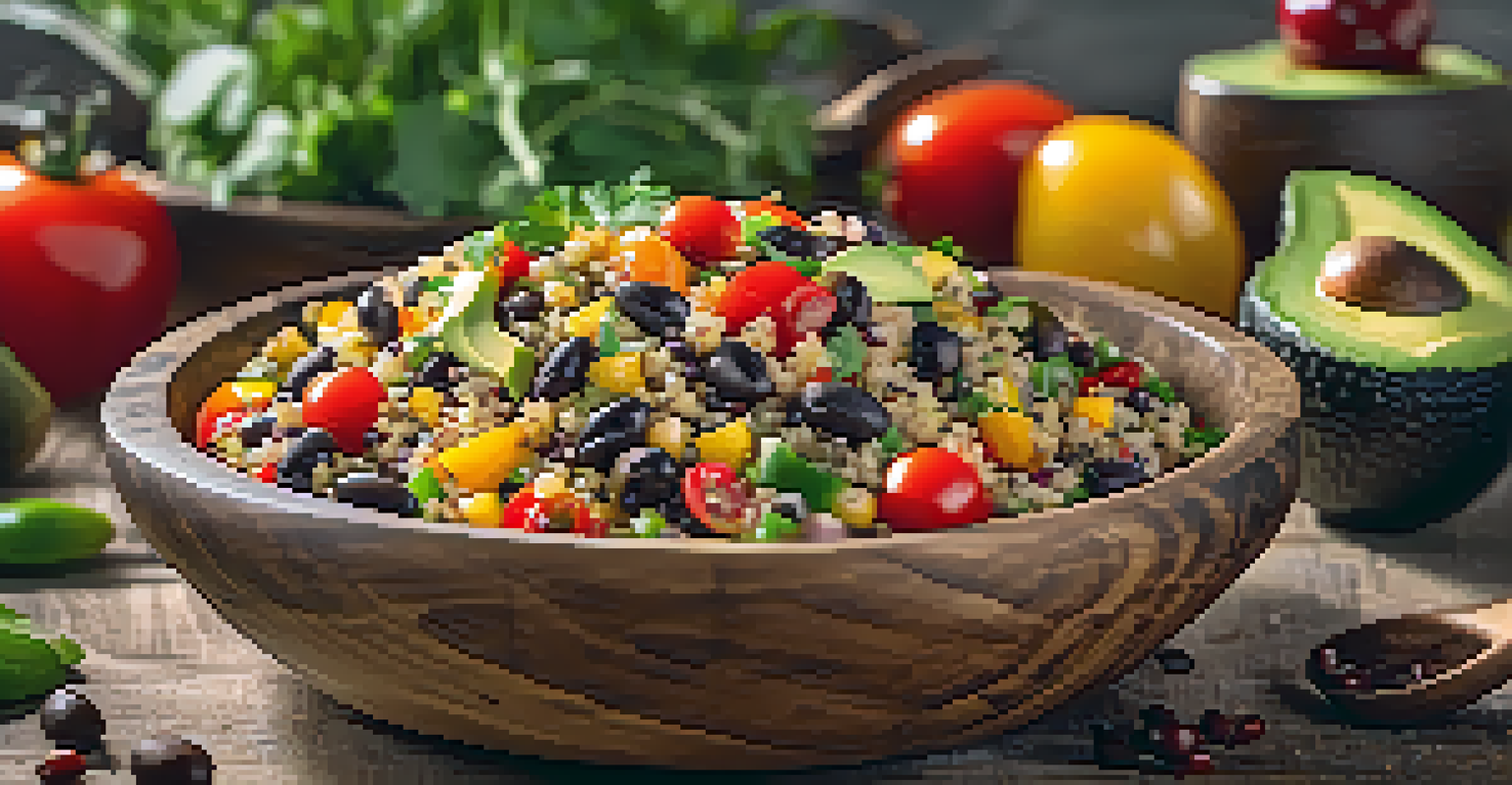 A close-up of a colorful quinoa salad with black beans and avocado, served in a wooden bowl with herbs sprinkled on top.