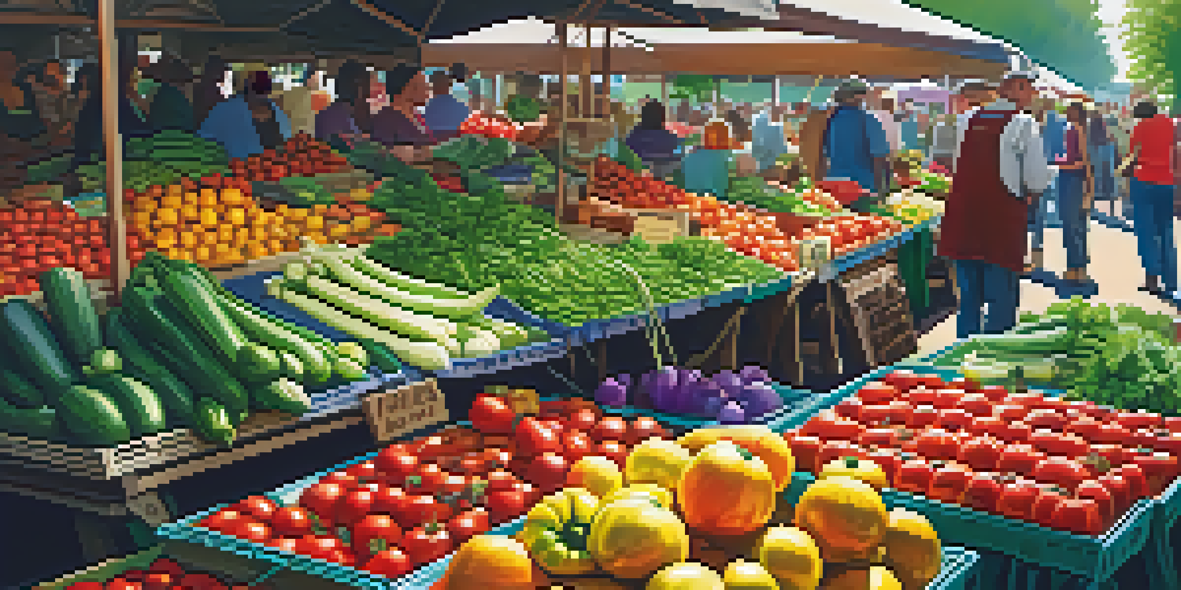 A bustling farmer's market showcasing colorful seasonal vegetables like tomatoes, zucchini, and bell peppers under warm sunlight.