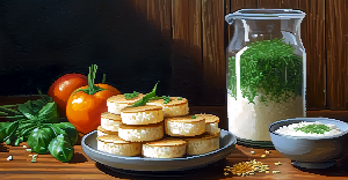 A plate of golden-brown vegan rice cakes garnished with herbs and sesame seeds, accompanied by a bowl of vegan yogurt dip, all set in a cozy kitchen environment.