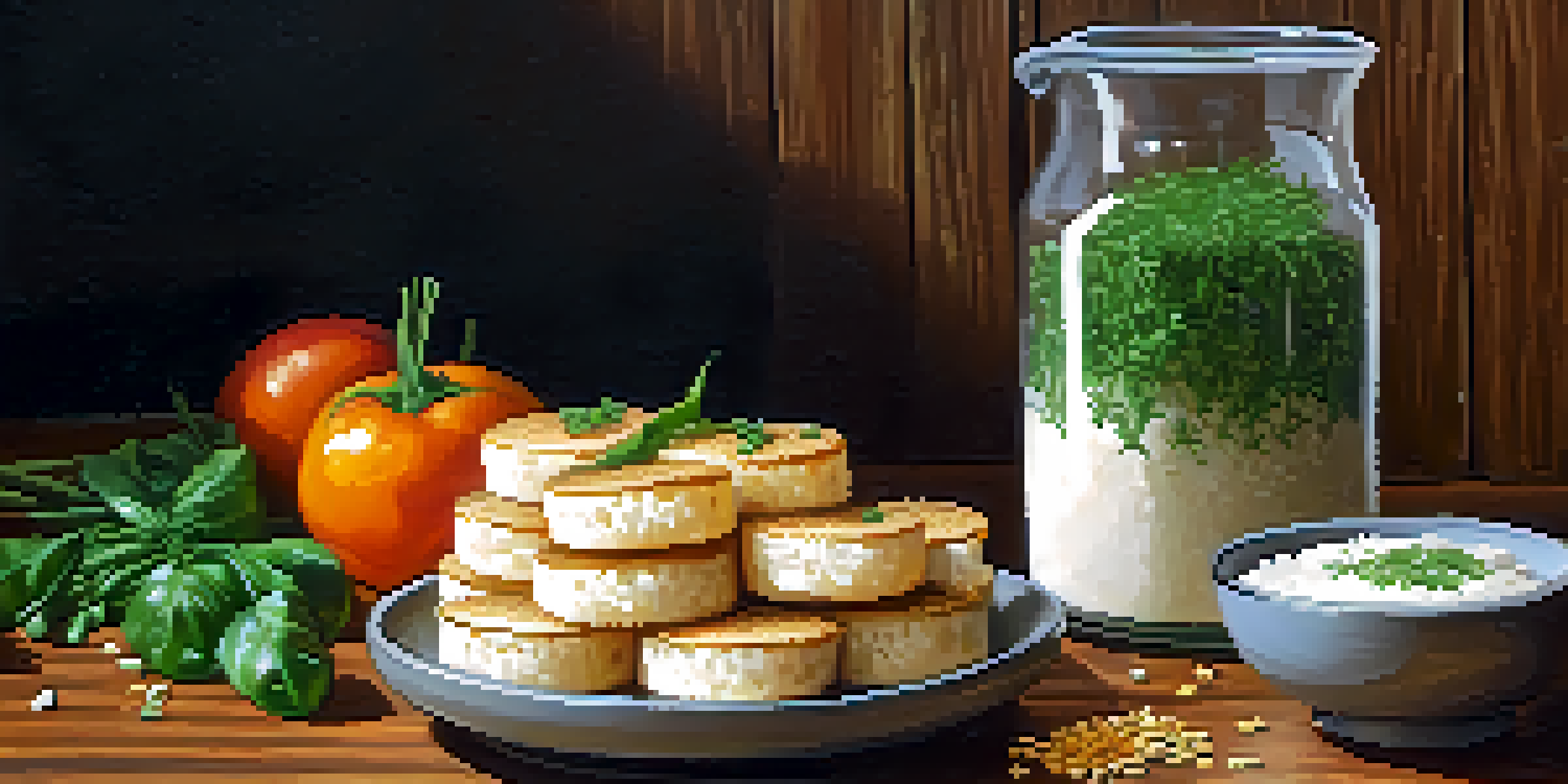 A plate of golden-brown vegan rice cakes garnished with herbs and sesame seeds, accompanied by a bowl of vegan yogurt dip, all set in a cozy kitchen environment.
