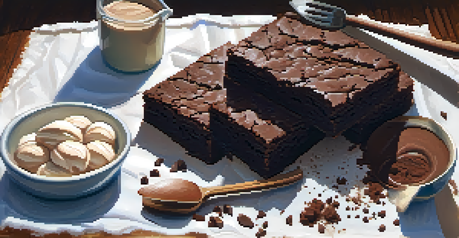 A tray of vegan brownies with a scoop of ice cream on a rustic wooden table, illuminated by natural light.