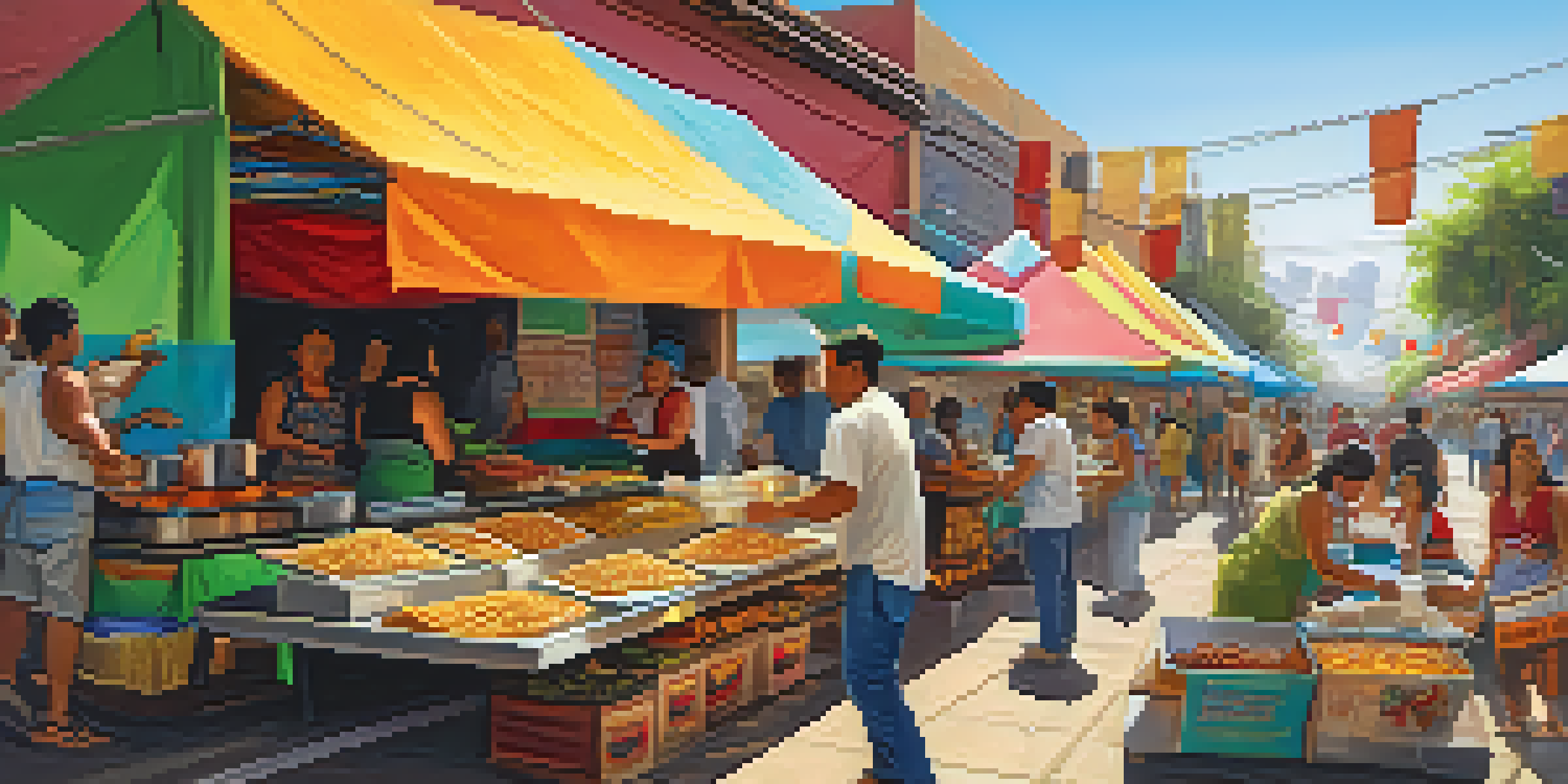 A street vendor preparing colorful vegan tacos filled with jackfruit, cilantro, and pineapple in a busy market.