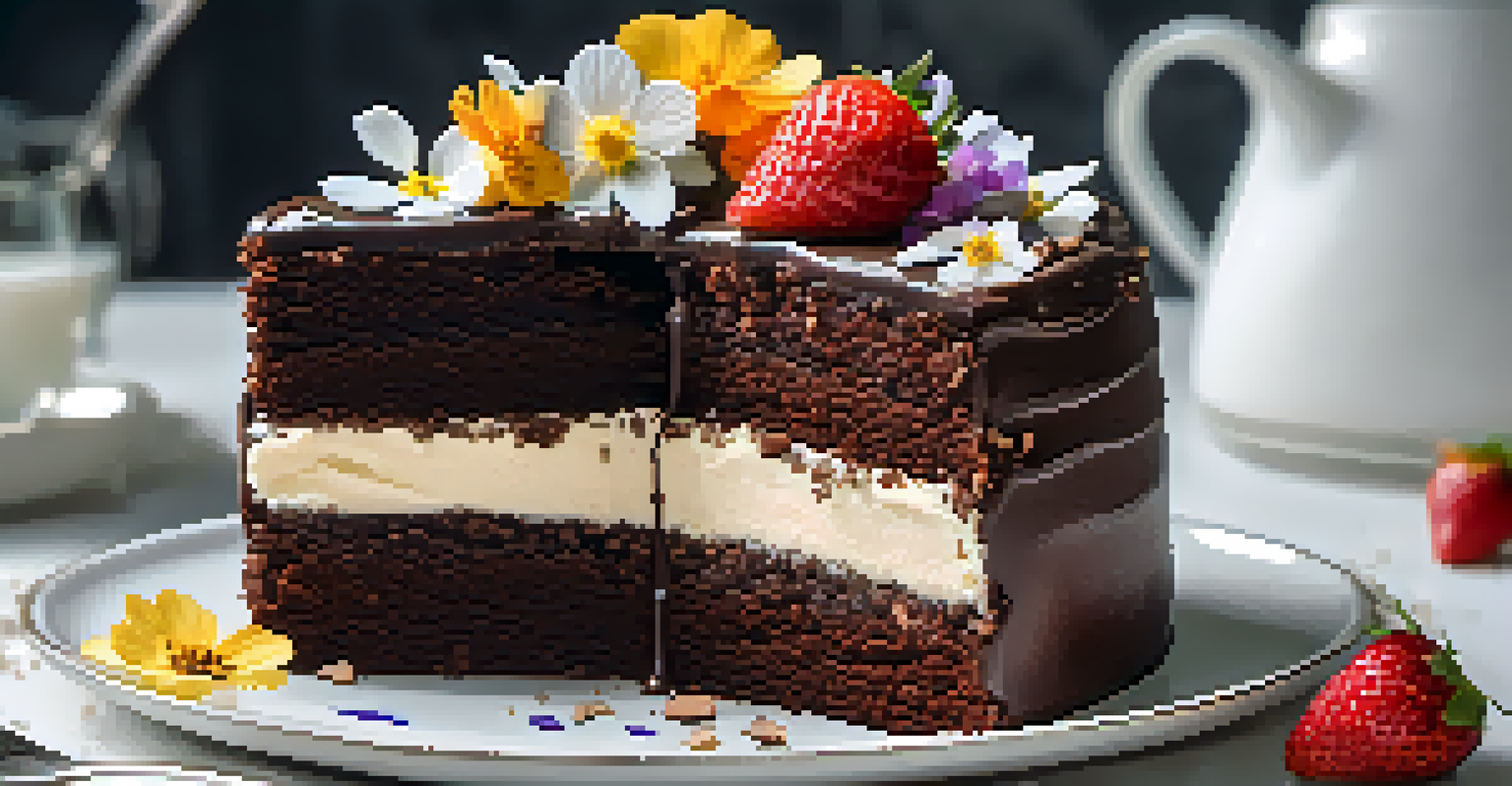 A rich vegan chocolate cake with coconut cream frosting and fresh strawberries, served on a white plate.