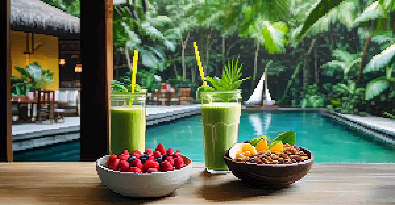 A tranquil cafe in Bali with a smoothie bowl and fresh coconut surrounded by greenery.