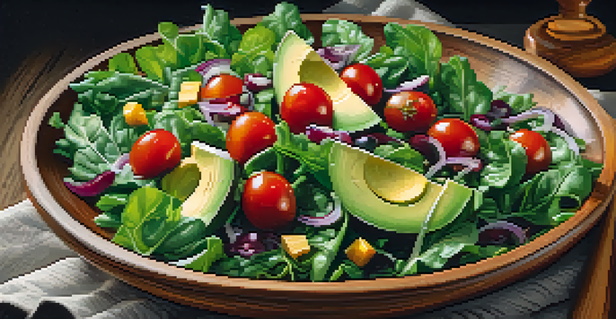 A close-up of a colorful vegan salad with leafy greens, cherry tomatoes, and avocado in a rustic bowl, illuminated by sunlight.