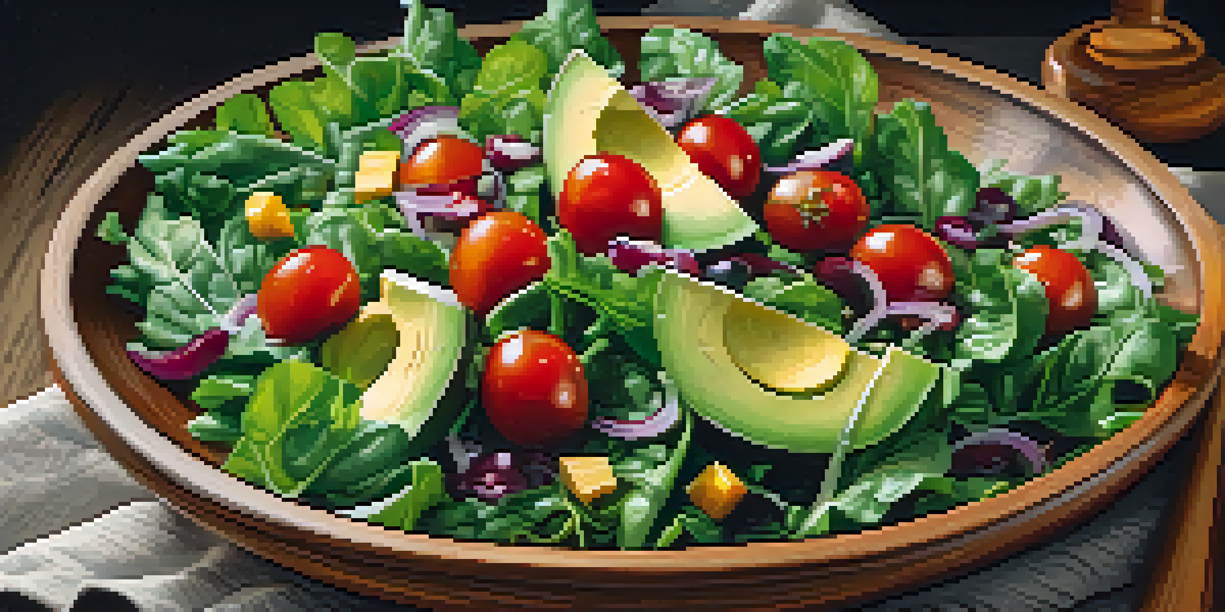 A close-up of a colorful vegan salad with leafy greens, cherry tomatoes, and avocado in a rustic bowl, illuminated by sunlight.