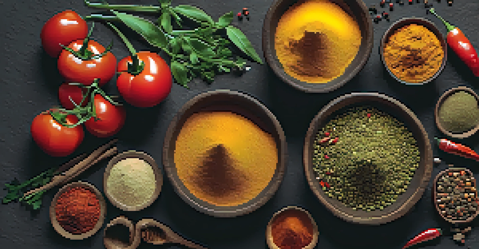 A variety of spices arranged in bowls on a dark stone surface, surrounded by fresh vegetables.