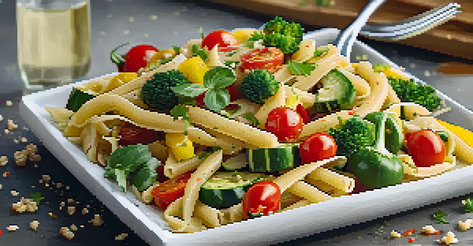 A plate of vegan pasta primavera with sautéed vegetables and olive oil, beautifully presented on a white plate.