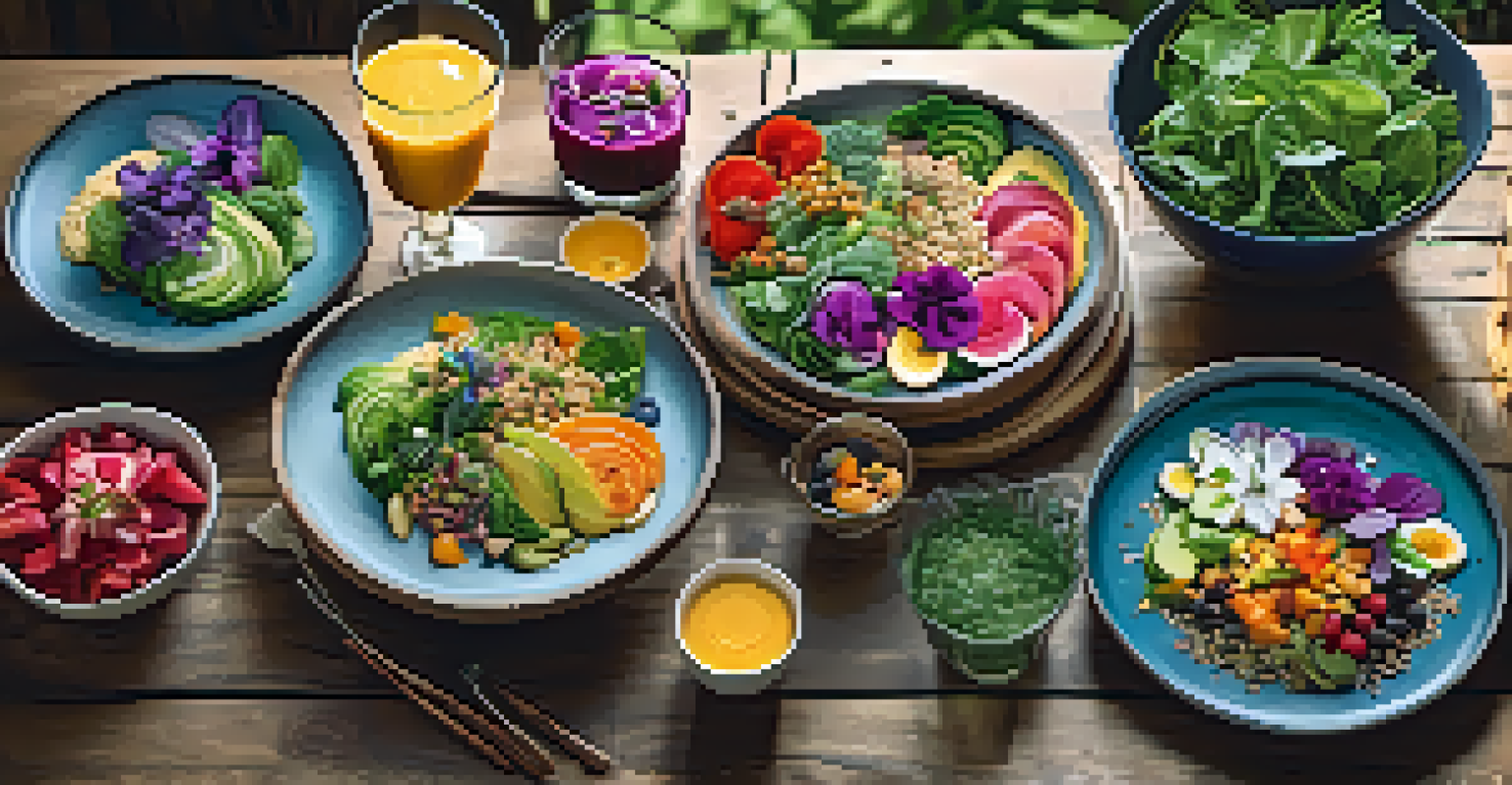 An artistic display of various plant-based dishes on a wooden table, featuring salads, grain bowls, and smoothies with warm lighting.