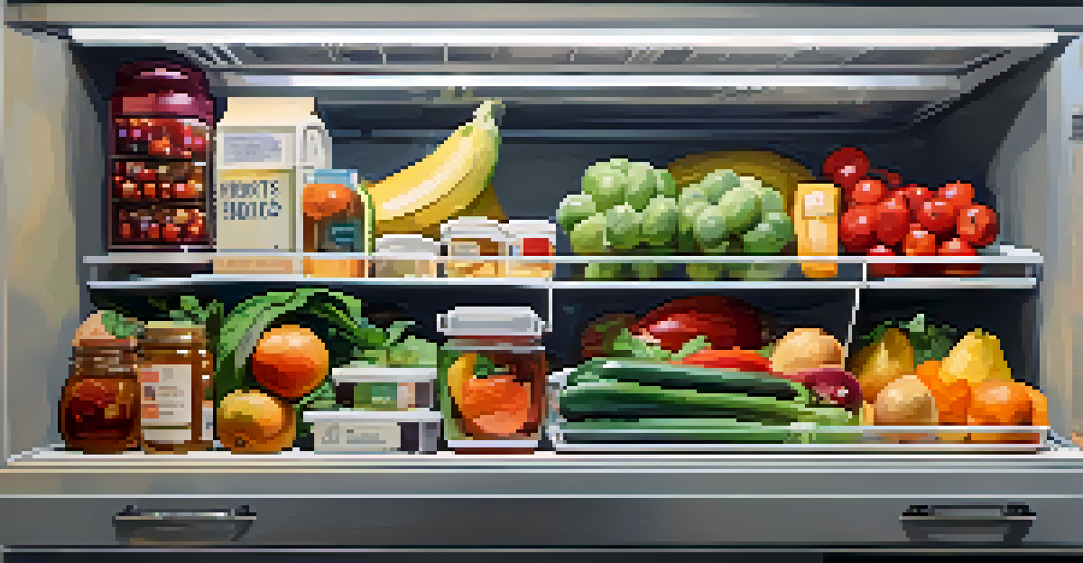 An organized refrigerator with fresh produce and labeled containers, highlighting meal preparation and food safety.