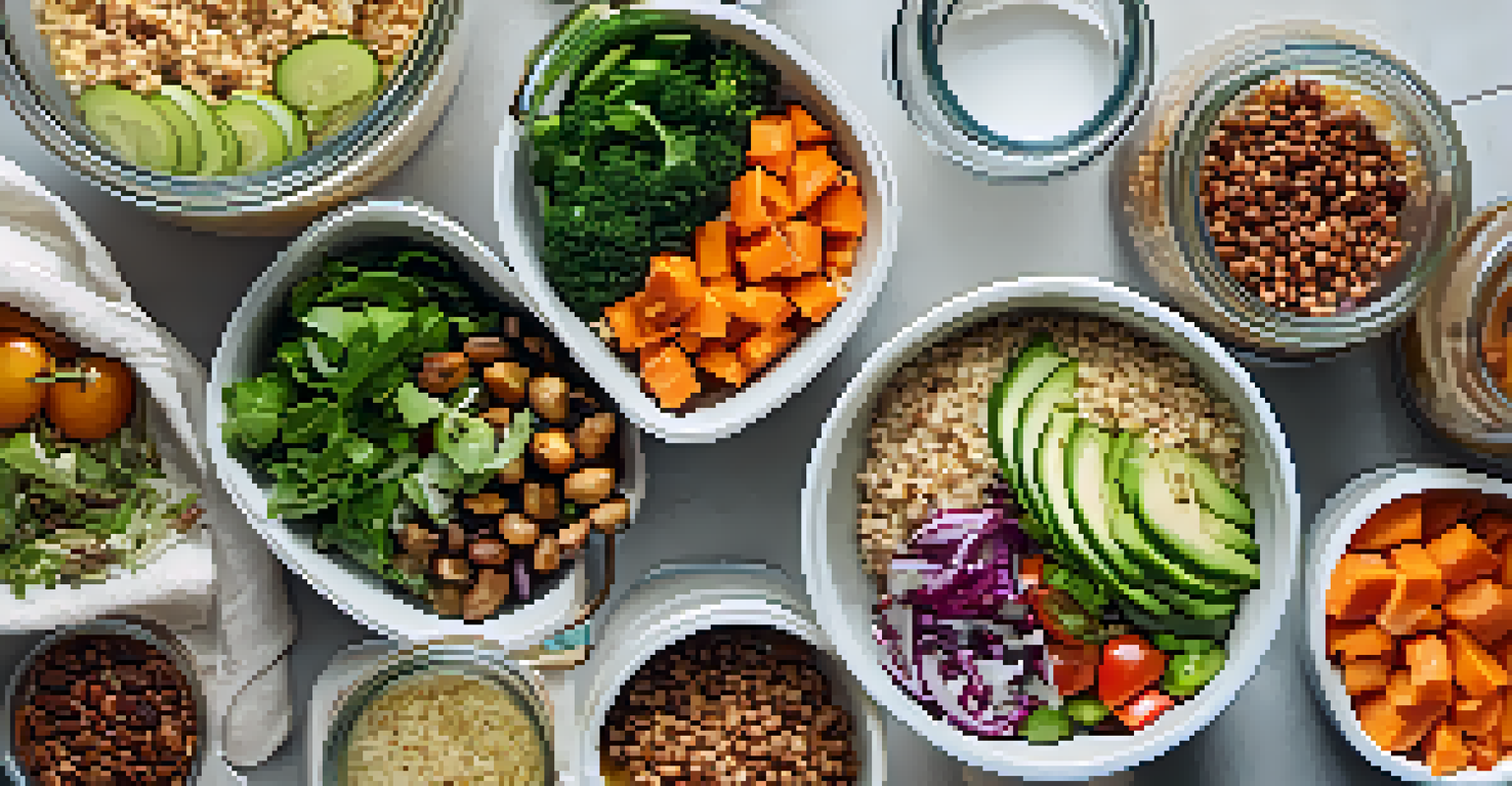 An overhead view of a meal prep setup with mason jars filled with salads and containers of grains.
