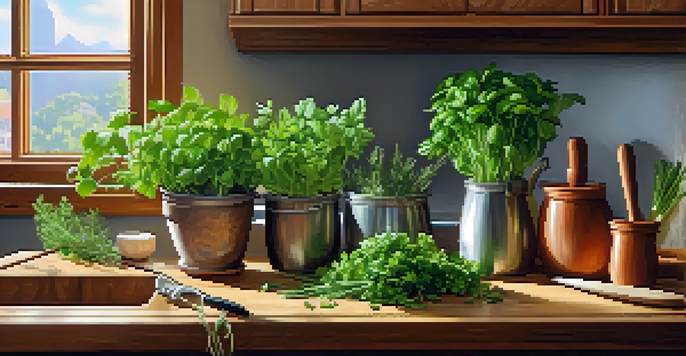A bright kitchen with fresh herbs in colorful pots on a wooden countertop, illuminated by sunlight, with rustic kitchen elements in the background.
