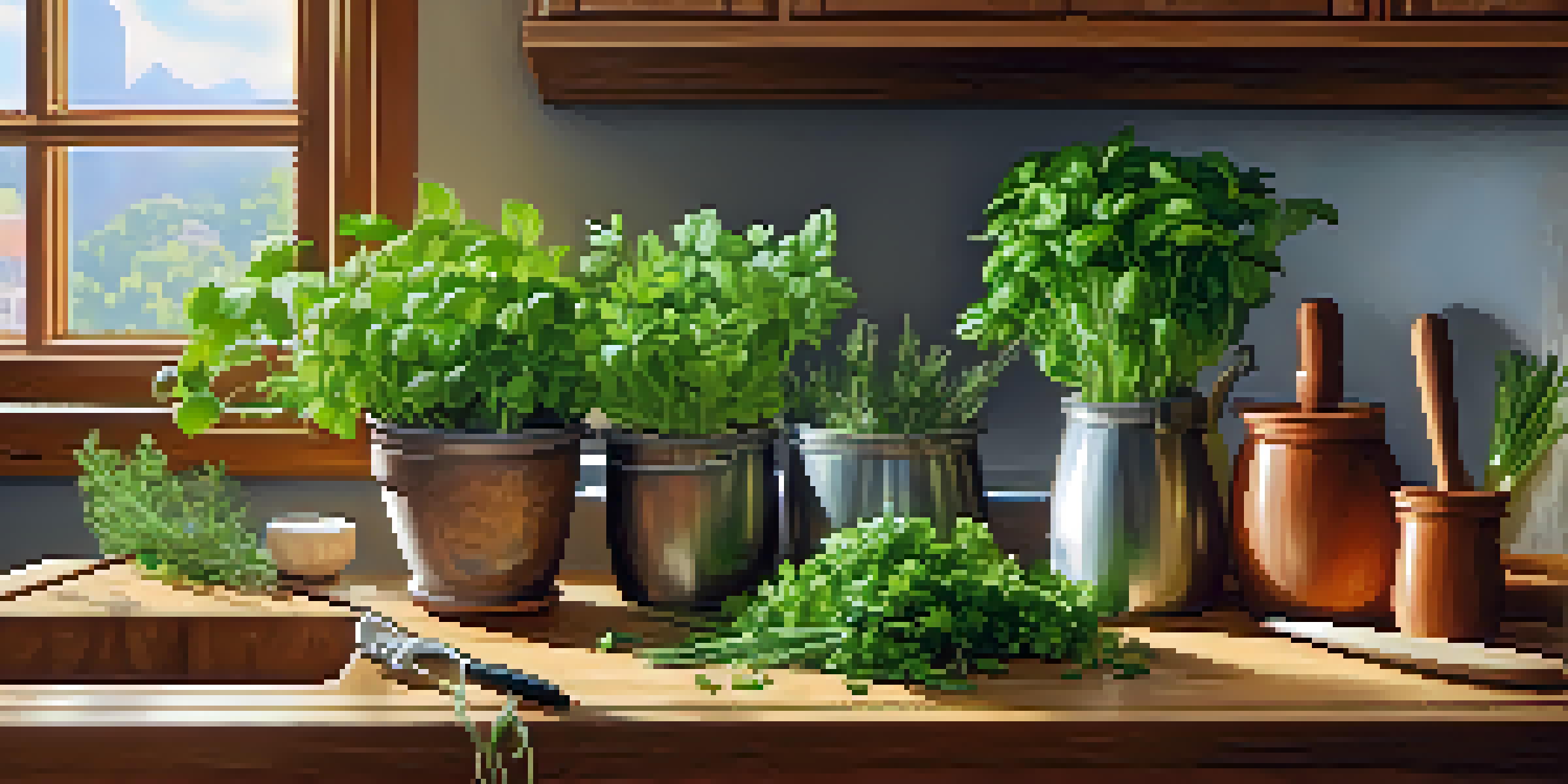 A bright kitchen with fresh herbs in colorful pots on a wooden countertop, illuminated by sunlight, with rustic kitchen elements in the background.