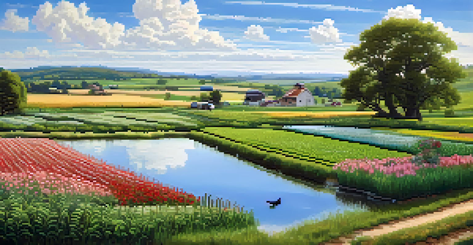 A peaceful sustainable farm landscape with green fields, crops, and a farmer tending to the plants under a clear blue sky.