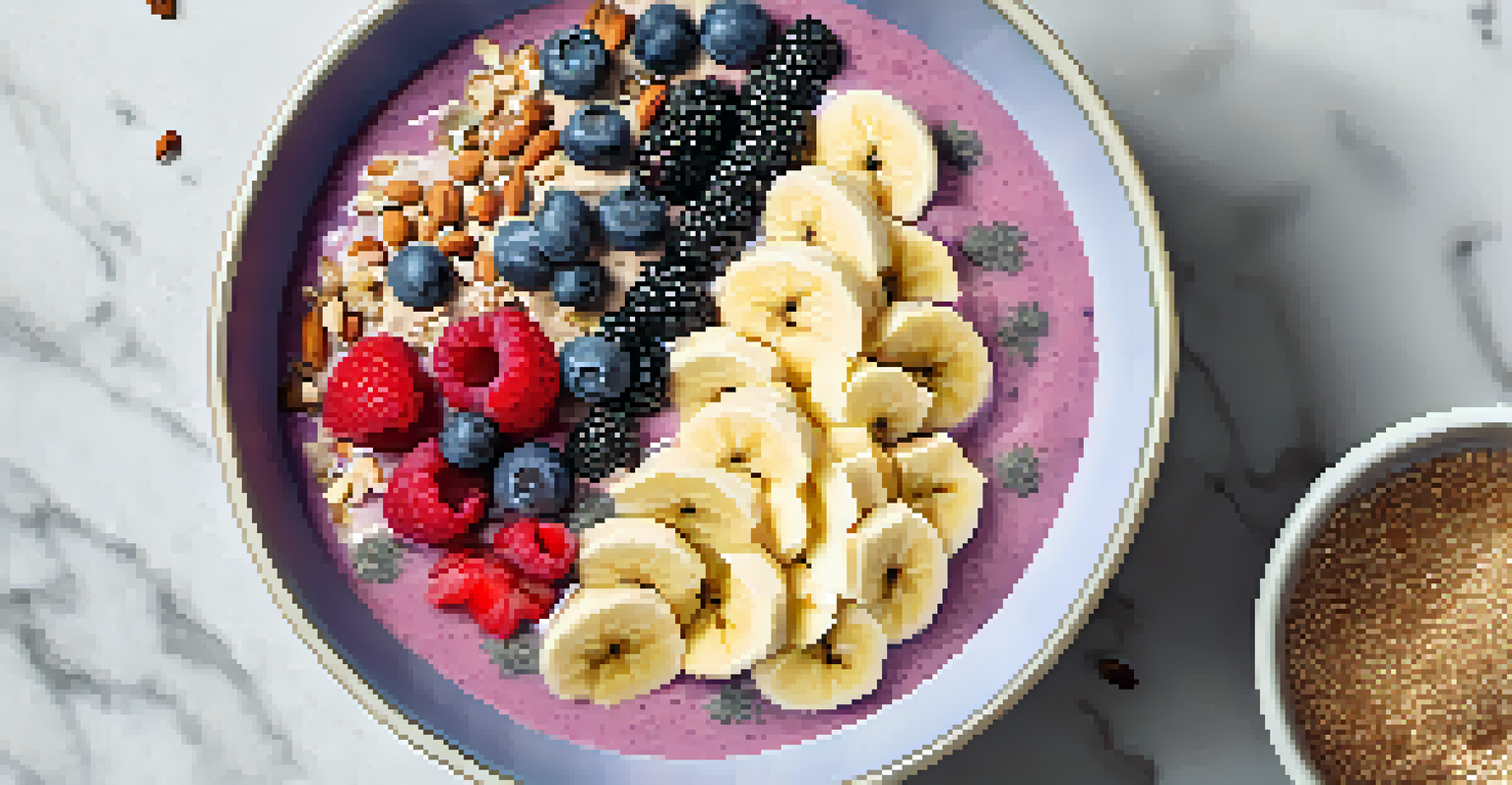 A close-up of a smoothie bowl with fruits and nuts on a marble countertop.