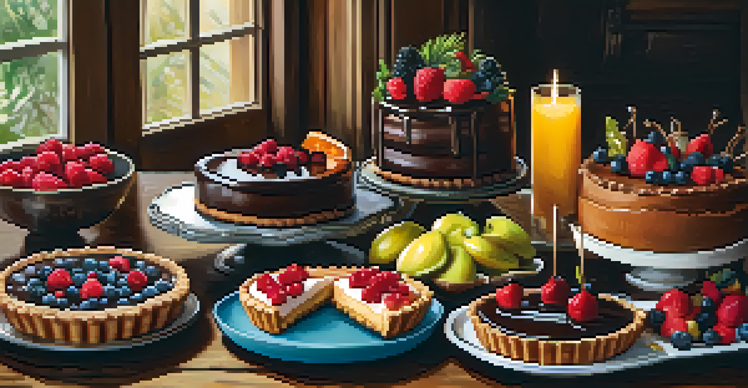 A variety of vegan desserts including a chocolate ganache tart and decorated gingerbread cookies, arranged on a rustic wooden table with festive decor.
