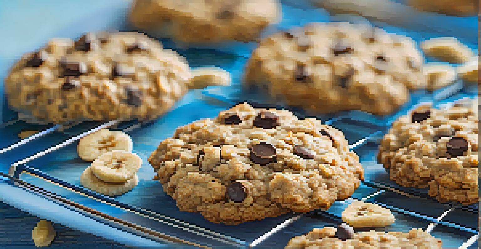Golden brown banana oat cookies on a cooling rack with a blue plate and ripe bananas in the background.