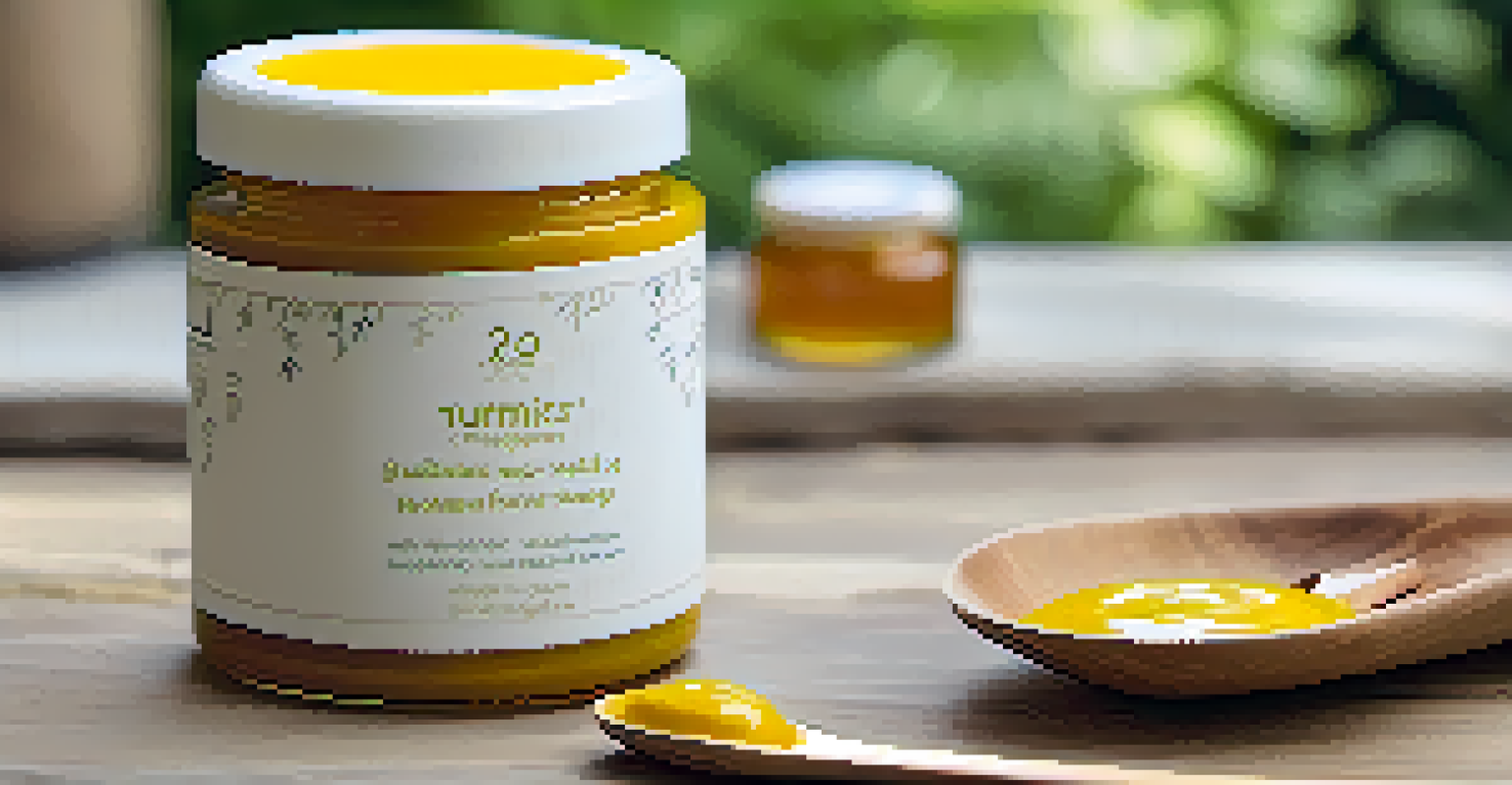 A DIY turmeric face mask setup with turmeric paste, honey, yogurt, and a wooden spoon against a blurred green background.