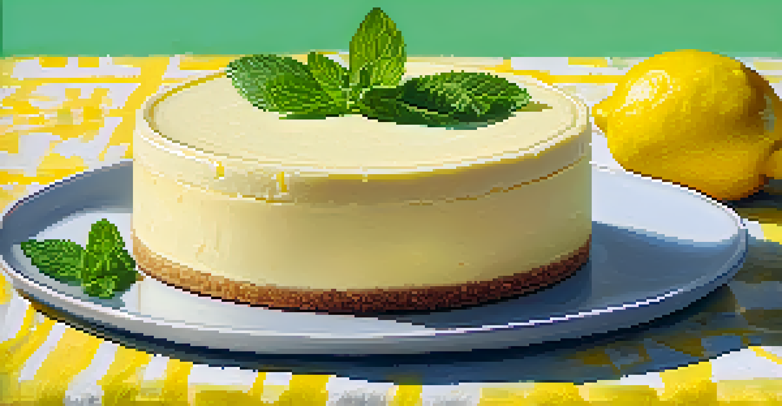A lemon vegan cheesecake decorated with lemon slices and mint on a yellow tablecloth, evoking a cheerful summer mood.