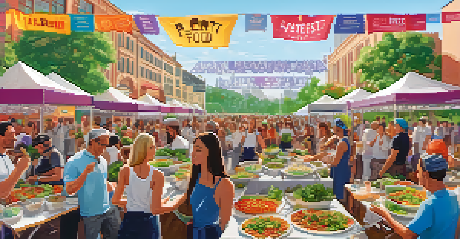 Attendees enjoying the Plant-Based Food Fest, sampling dishes from food stalls, with colorful decorations and a sign in the background.