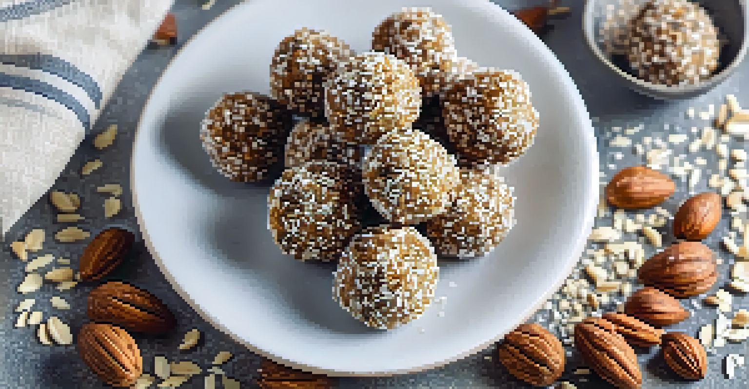 Homemade nut butter energy balls on a white plate, with coconut and chia seeds, in a rustic kitchen setting.