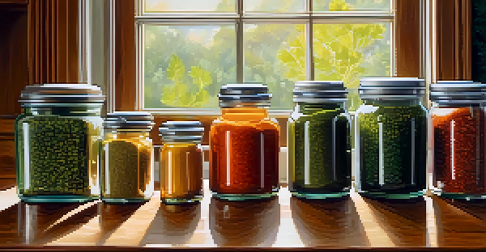 A bright kitchen with colorful spices in glass jars and fresh herbs on a wooden countertop, illuminated by sunlight.