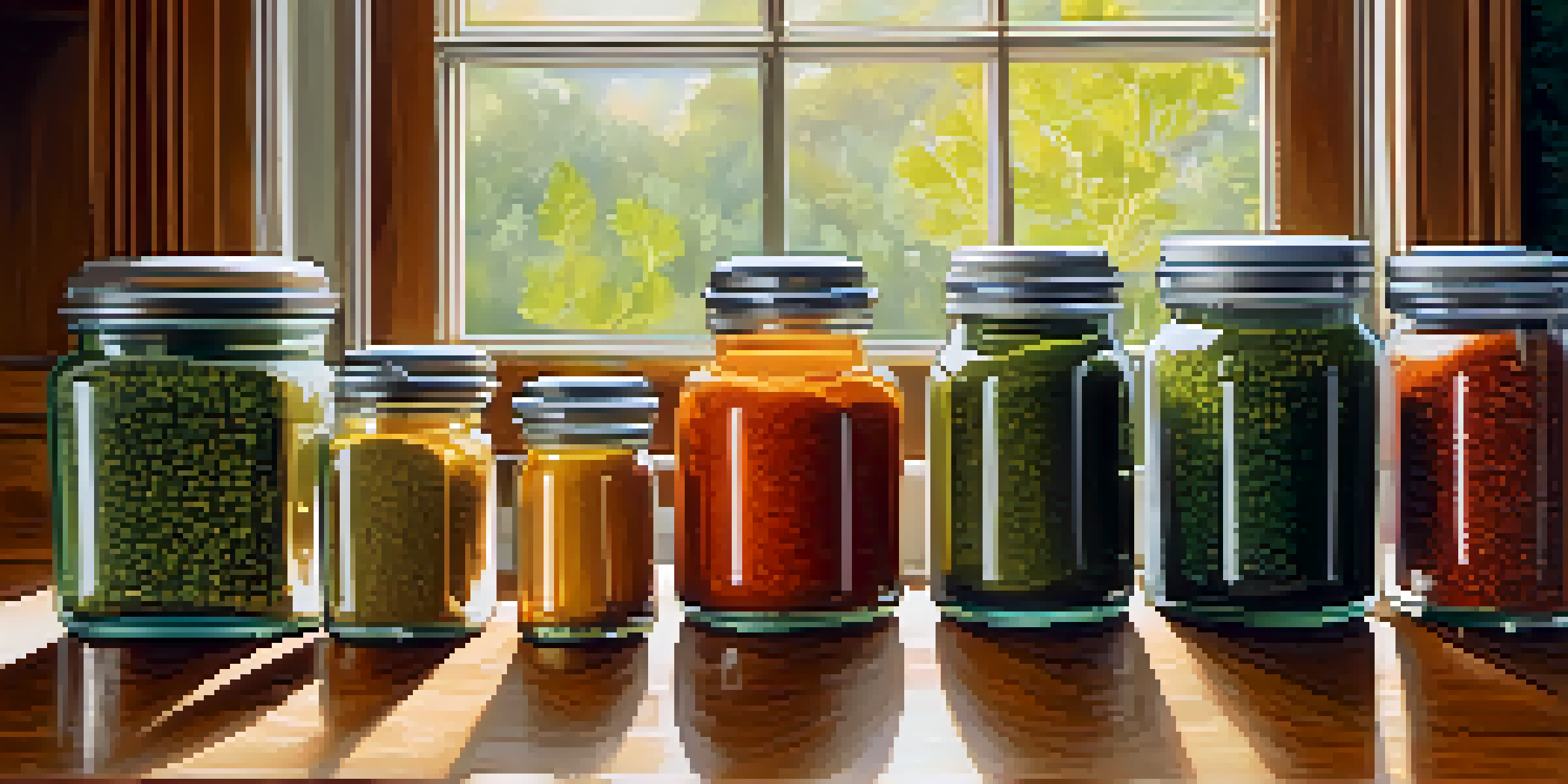 A bright kitchen with colorful spices in glass jars and fresh herbs on a wooden countertop, illuminated by sunlight.