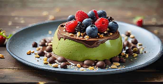 A glass bowl filled with creamy chocolate avocado mousse, topped with fresh berries and crushed nuts on a wooden table.