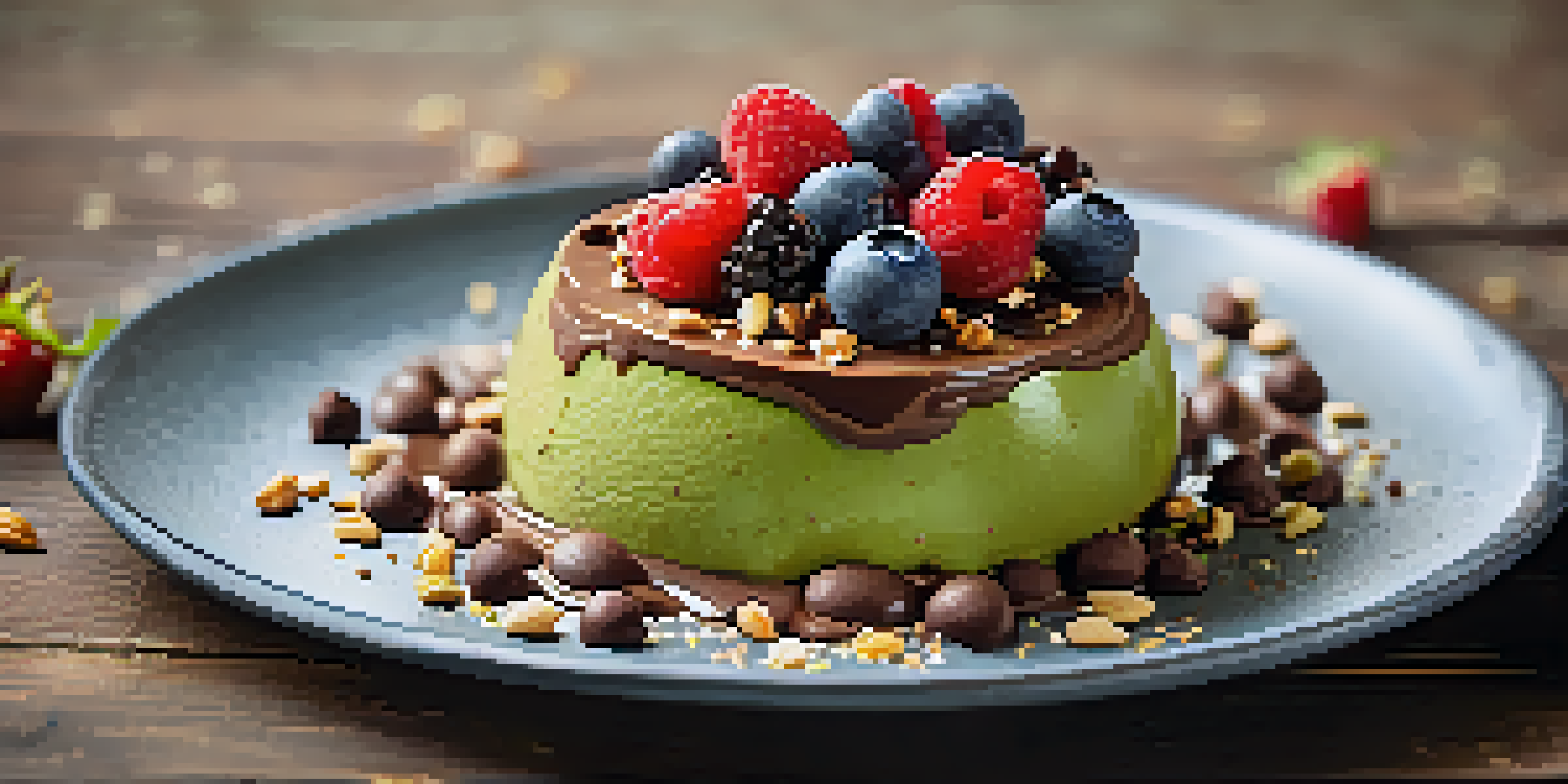 A glass bowl filled with creamy chocolate avocado mousse, topped with fresh berries and crushed nuts on a wooden table.
