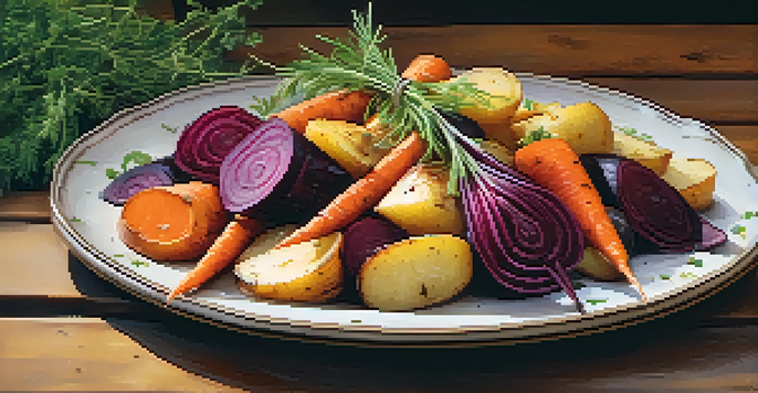 A platter of colorful roasted root vegetables like carrots, potatoes, and beets, garnished with herbs and lemon zest on a rustic wooden table.