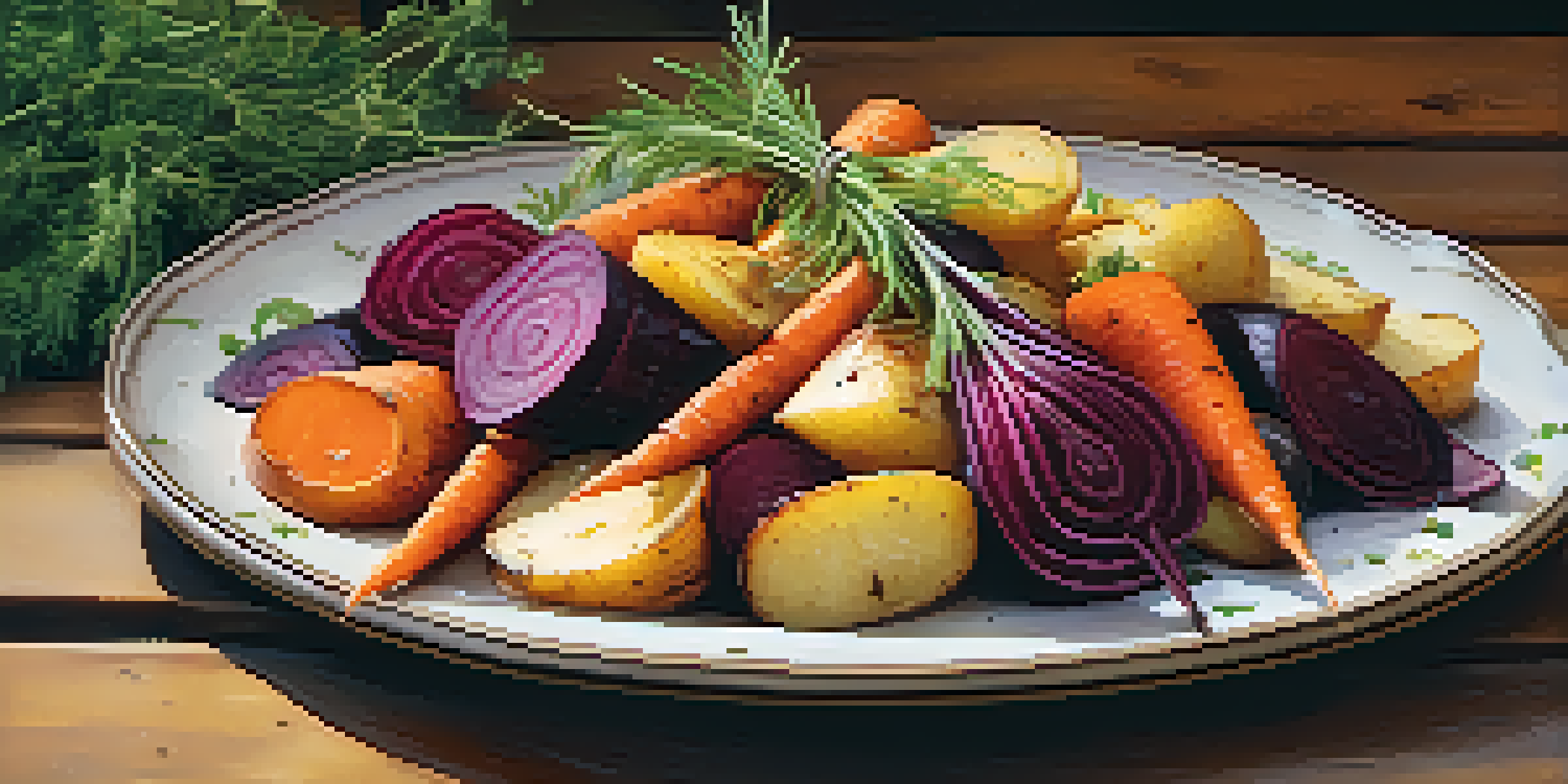 A platter of colorful roasted root vegetables like carrots, potatoes, and beets, garnished with herbs and lemon zest on a rustic wooden table.