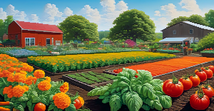 A colorful garden with tomato and basil plants, marigolds, carrots, and onions under a sunny sky.