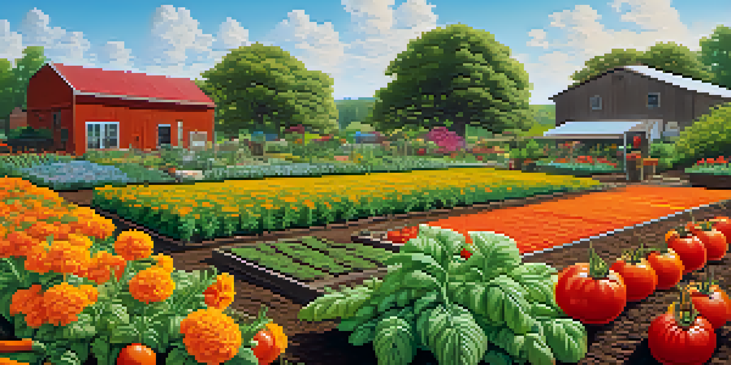 A colorful garden with tomato and basil plants, marigolds, carrots, and onions under a sunny sky.
