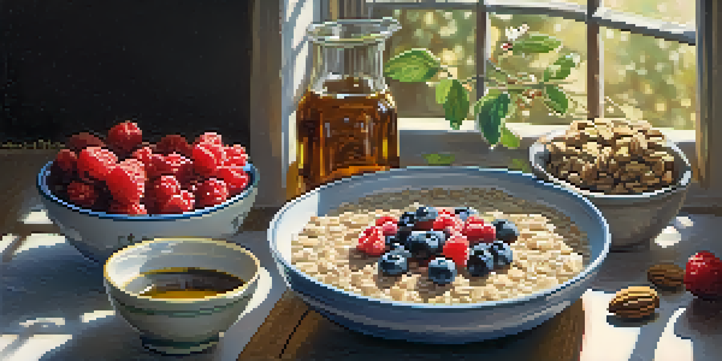 A bowl of oatmeal topped with chopped nuts and berries, with sunlight streaming in, creating a warm breakfast scene.