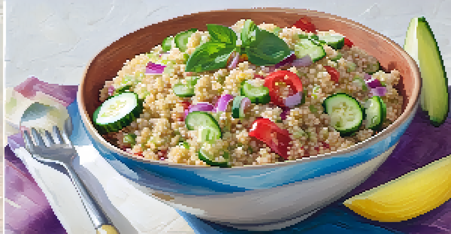 A colorful quinoa salad with cucumbers, tomatoes, and red onions, served with whole grain crackers on a white plate.