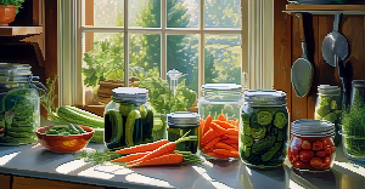 A person stirring pickling vegetables in a glass jar in a bright home kitchen, with fresh ingredients around.