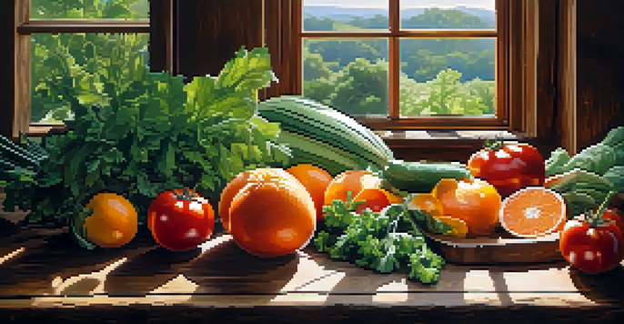 A colorful arrangement of fresh fruits and vegetables on a wooden table, showing oranges, leafy greens, and red tomatoes, bathed in natural light.
