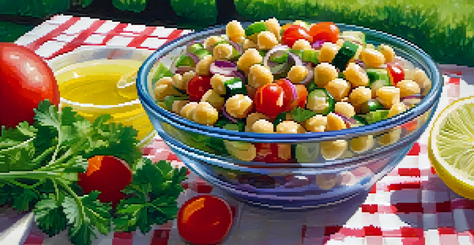 A colorful Mediterranean chickpea salad in a clear bowl on a picnic table, featuring cucumbers, tomatoes, and parsley under sunlight.