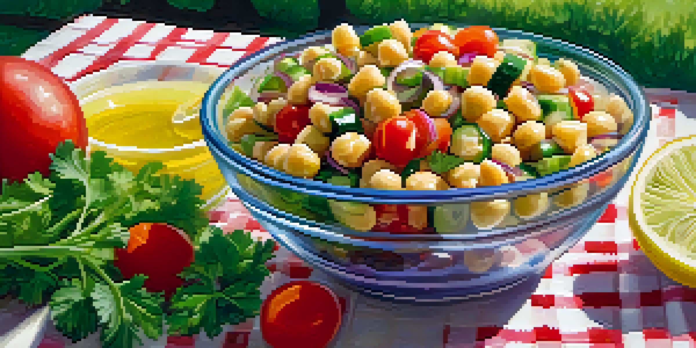 A colorful Mediterranean chickpea salad in a clear bowl on a picnic table, featuring cucumbers, tomatoes, and parsley under sunlight.