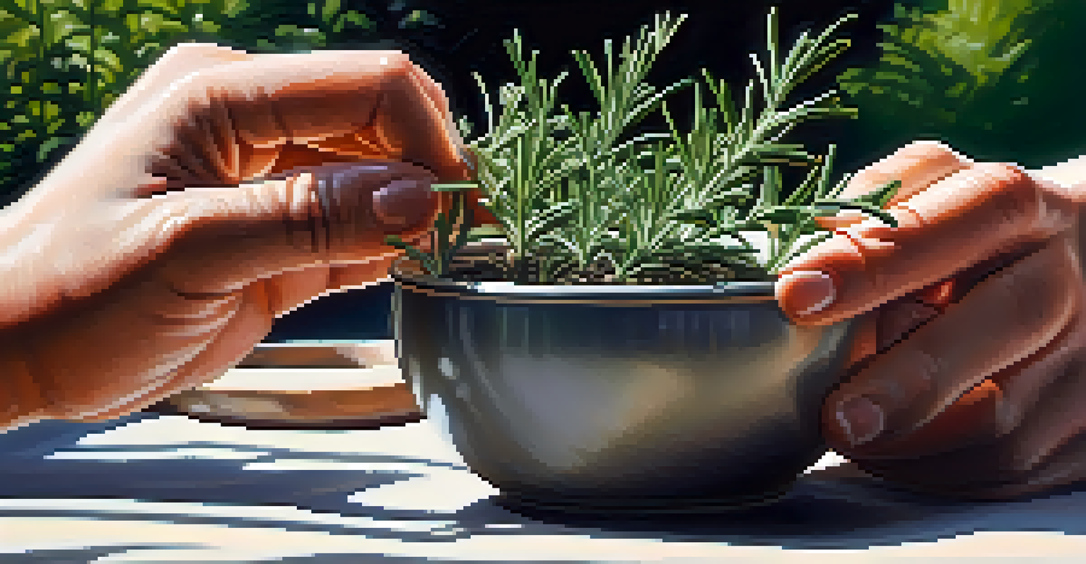 Close-up of hands caring for a rosemary plant in a sunlit backyard.