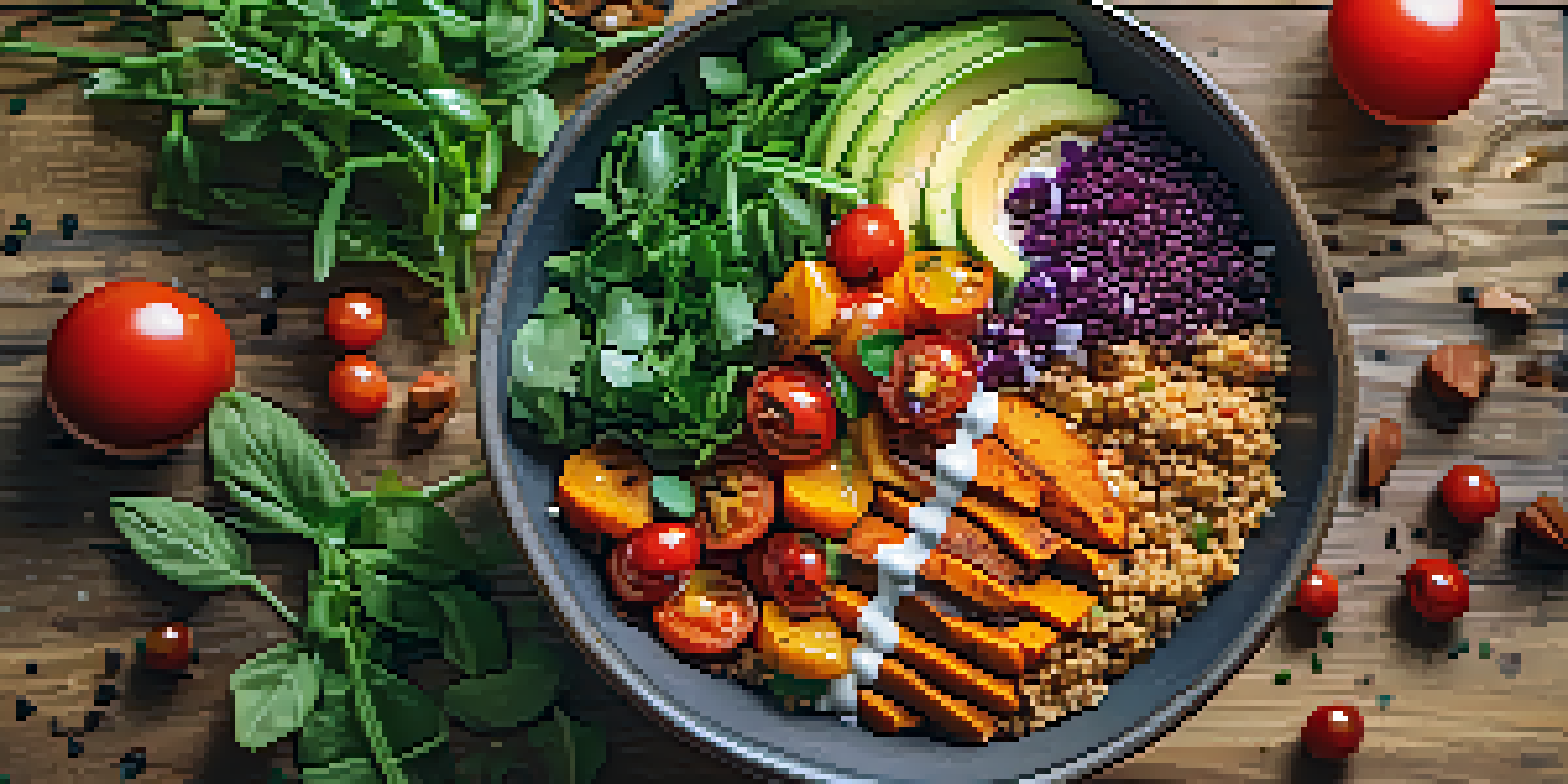 A vibrant vegan Buddha bowl with quinoa, roasted sweet potatoes, cherry tomatoes, fresh greens, and tahini on a wooden table.