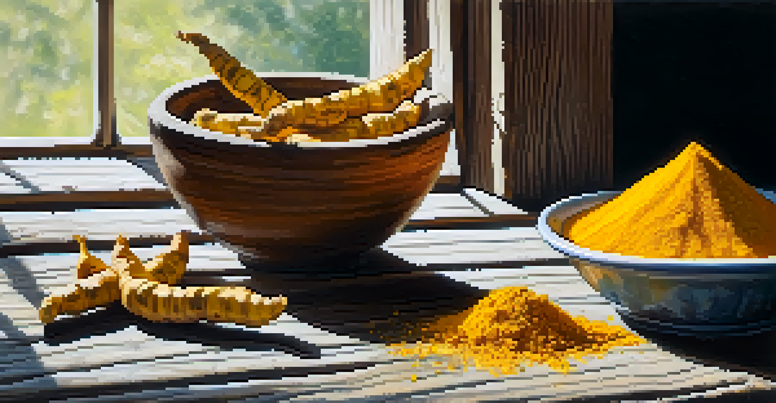A close-up of turmeric root and powder on a wooden surface with green leaves and soft natural light.