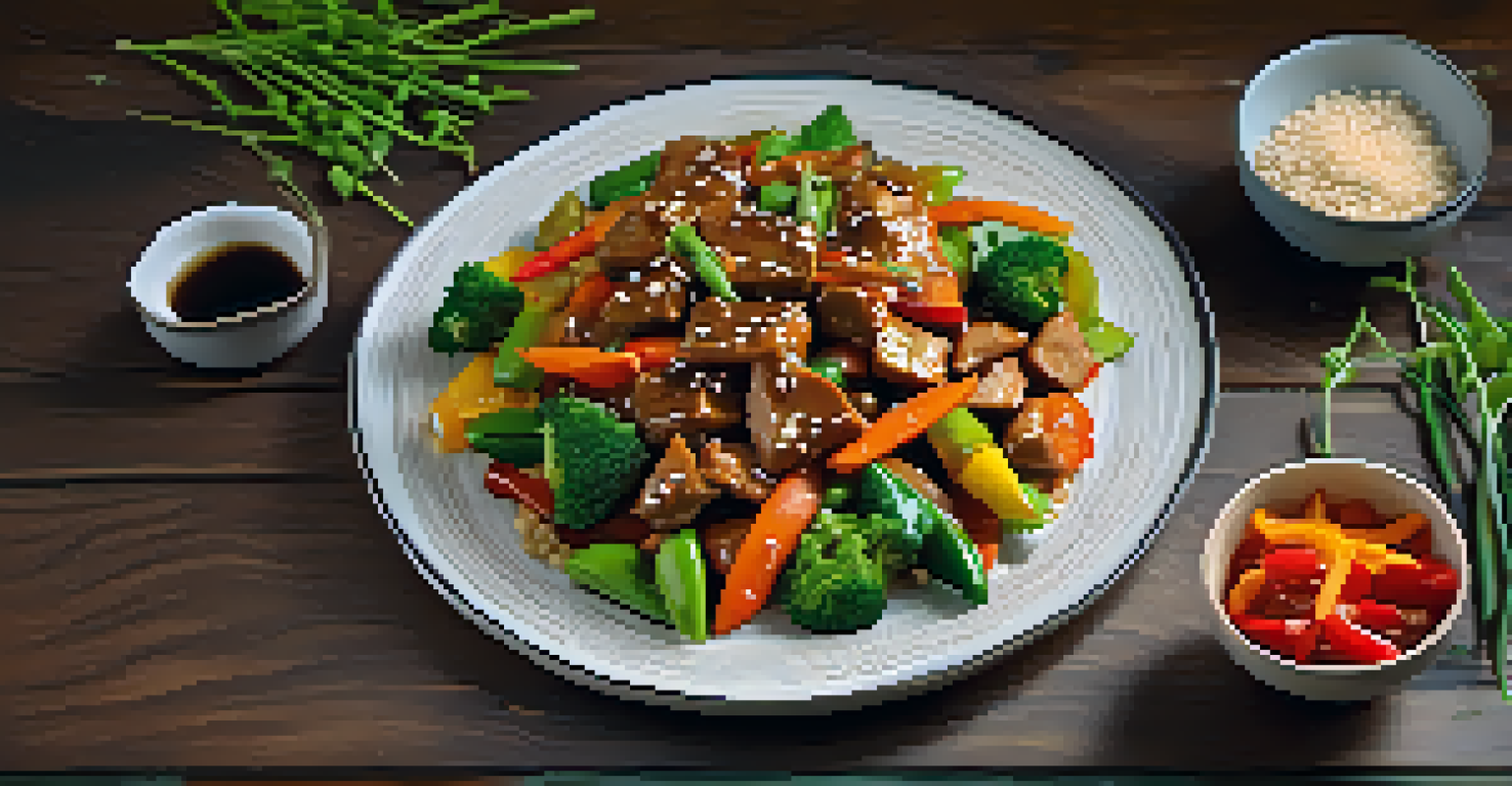 A beautifully plated seitan stir-fry with colorful vegetables on a dark wooden table.