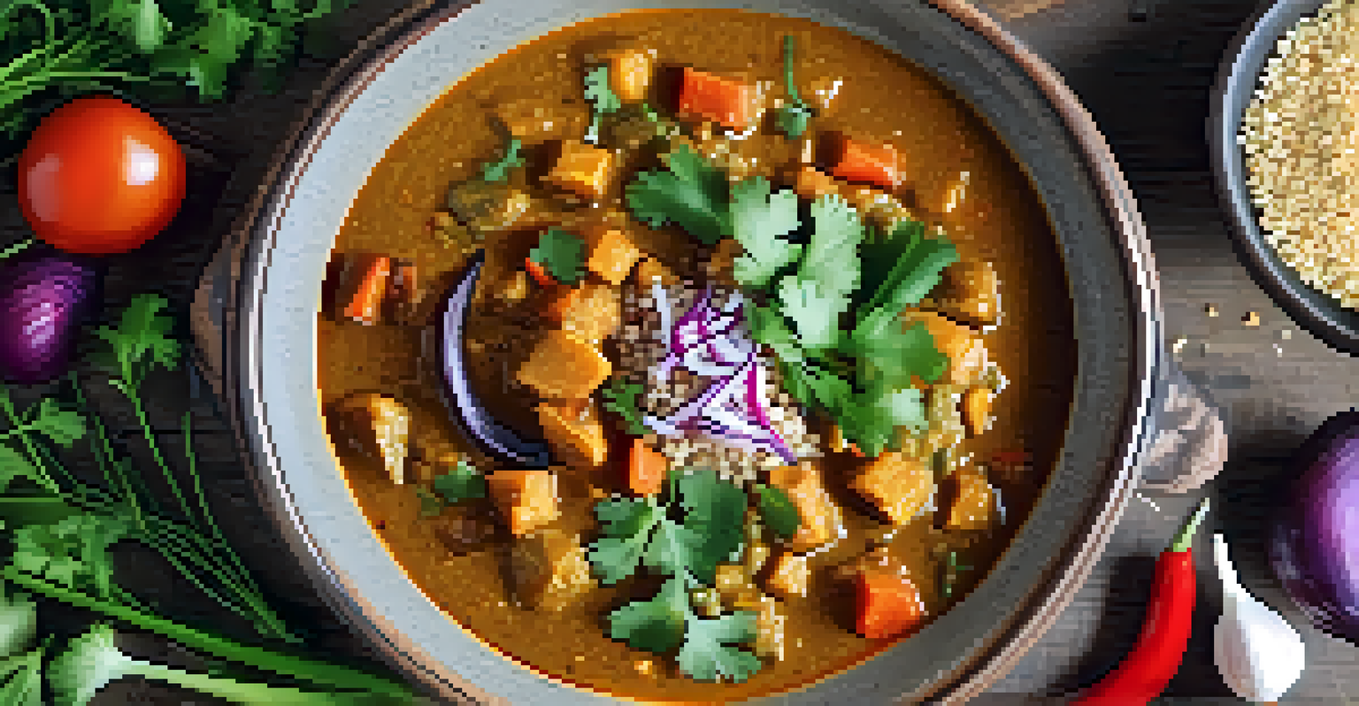 An overhead view of a vegan curry with layered ingredients, garnished with cilantro, served alongside quinoa in a rustic bowl.