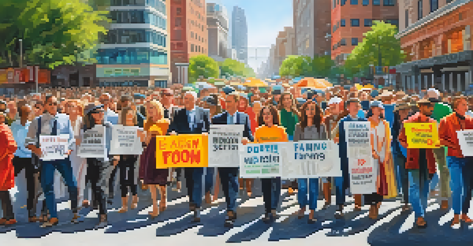 A diverse group of advocates holding banners for ethical farming and animal rights in an urban setting.