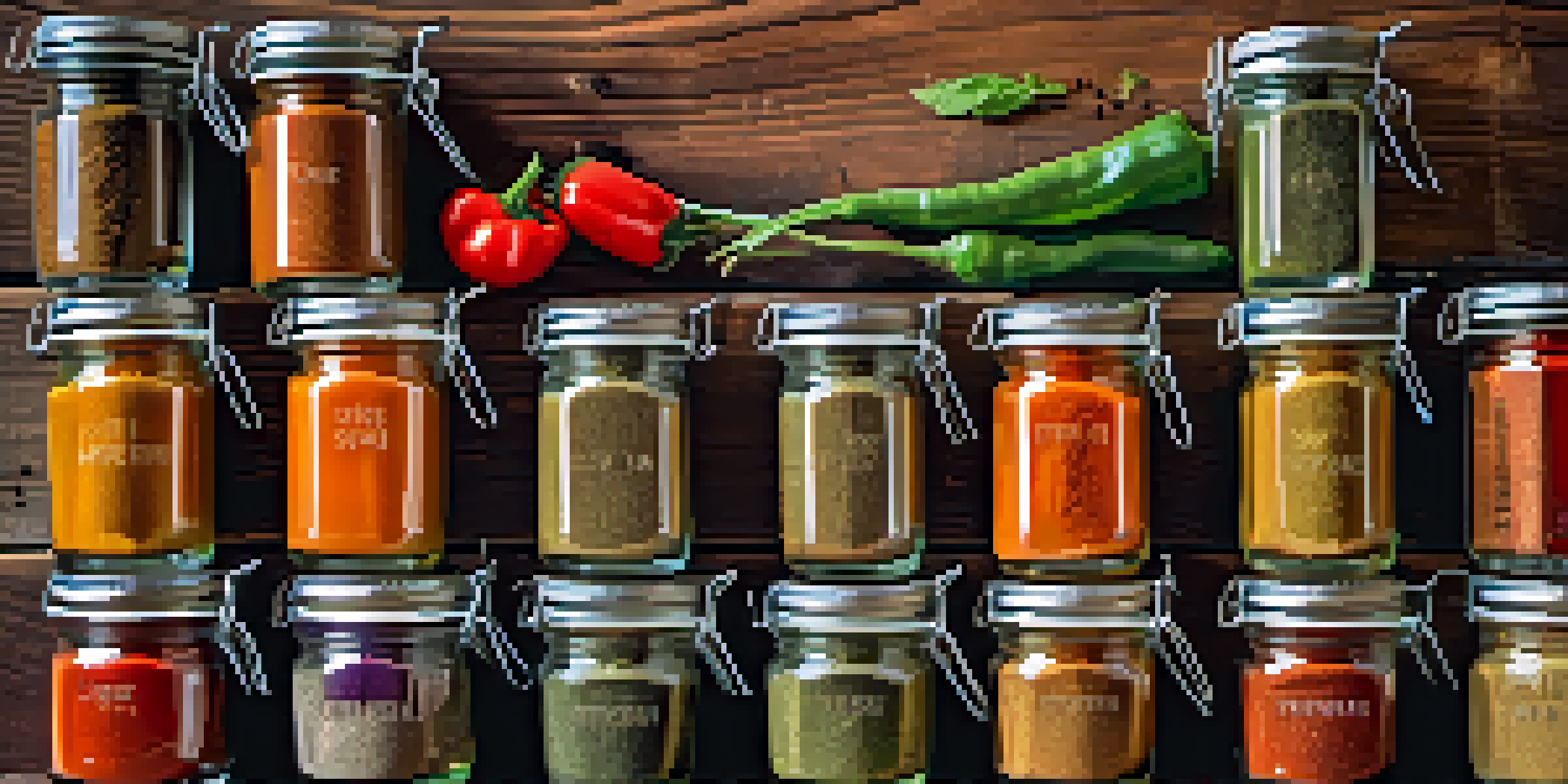 A flat lay of various colorful vegan spice blends in labeled glass jars, with fresh vegetables on a rustic wooden table.